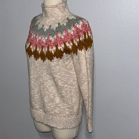 L.L.Bean Fair Isle Turtleneck Sweater Petite S Cotton Nordic Winter Cream Knit - Picture 3 of 10